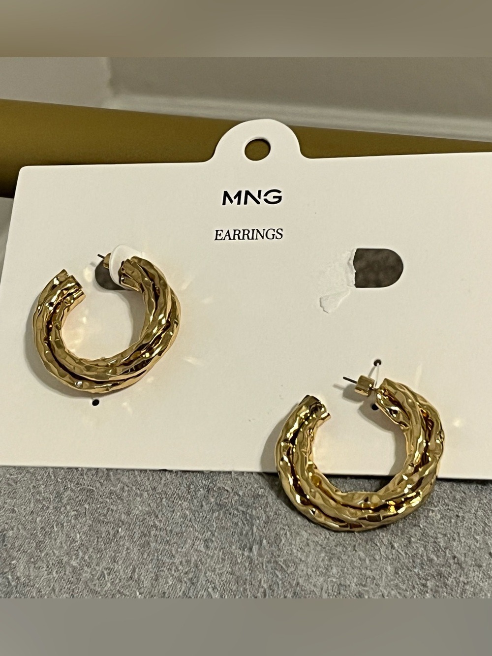 MNG Mango Gold Tone Hammered Chunky Hoop Earrings Statement Textured NEW